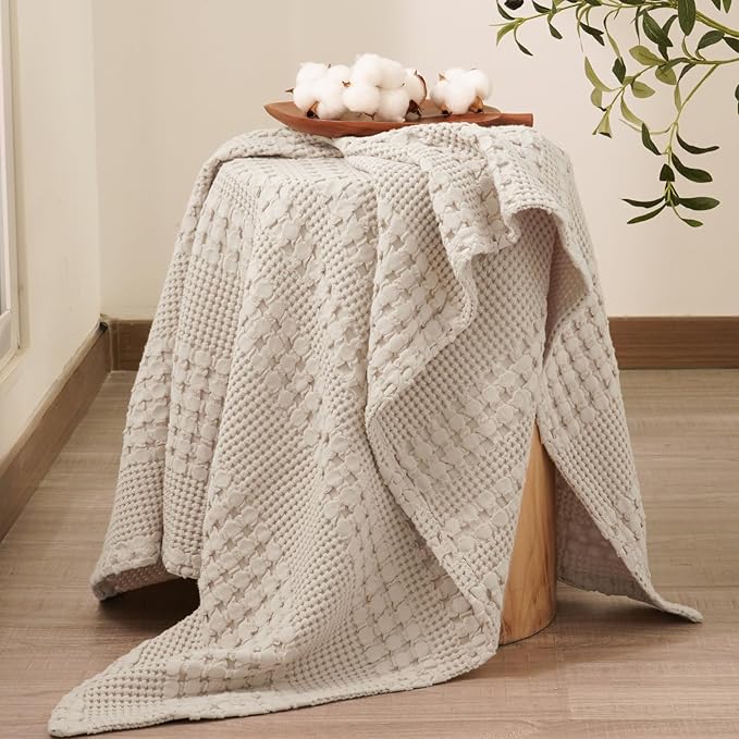 PHF 100% Cotton Waffle Weave Throw Blanket, Soft Lightweight Breathable Cozy Summer Throws for Couch Bed Sofa, Luxury Aesthetic Woven Blanket for Home Decor & Office, 50"x60", Oatmeal-Ruum Studio Home