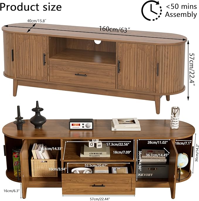 63" Fluted TV Stand for Tvs up to 70", Mid-Century Modern Entertainment Center with Drawers and Fluted Doors, Curved TV Media Console Table with Sliding Doors for Living Room, Bedroom (63")-Ruum Studio Home
