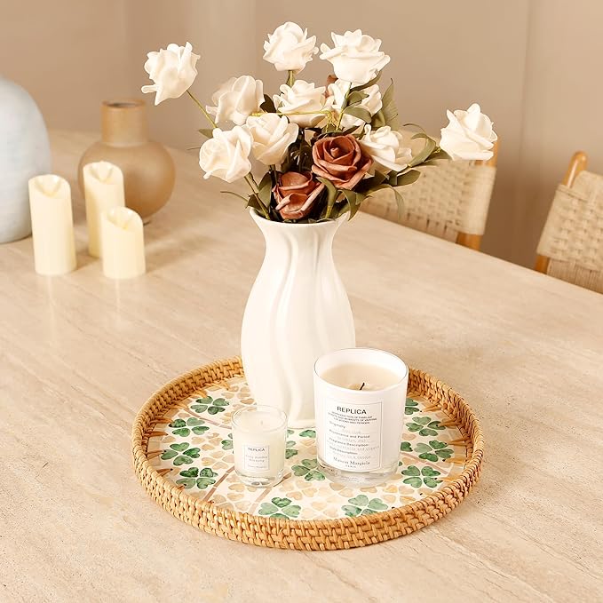 Round Rattan Tray with Mother of Pearl Inlay & Wooden Base - Decorative Wicker Serving Tray for Coffee/Bread/Fruits, Food Storage & Display - Multipurpose Home Decor (M,Four-Leaf Clover)-Ruum Studio Home