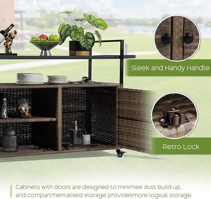 Wicker Outdoor Bar Cart - Brown Patio Console Storage Table Buffet Cabinet Serving Kitchen Cart with Wheels for Outside Backyard-Ruum Studio Home