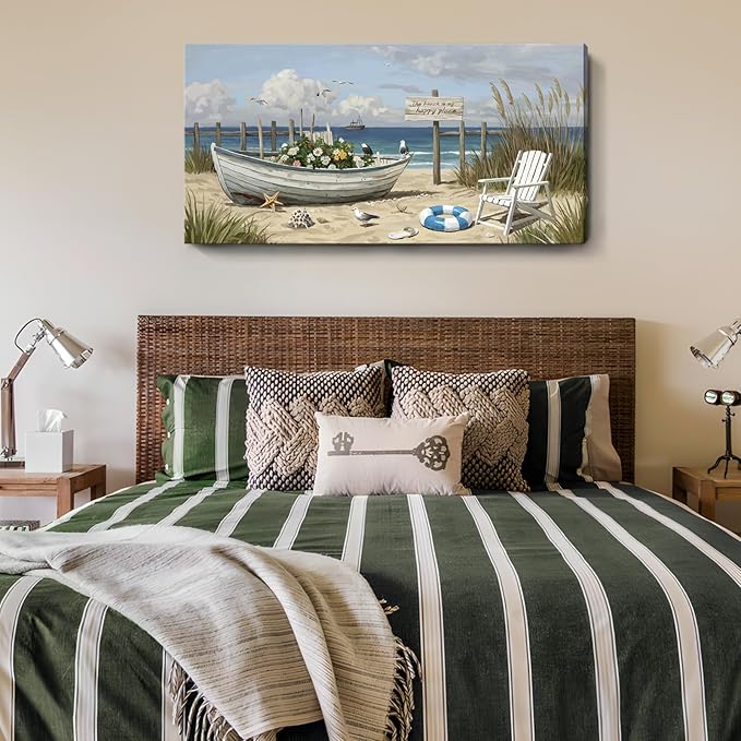 amatop Large Coastal Wall Art Nautical Beach Canvas Art Print Flower-Filled Boat on Sand Ocean Waves Seaside Seascape ArtworkSea Birds Marine Picture Home Decor for Living Room Bedroom Office 48×24 Inch-Ruum Studio Home