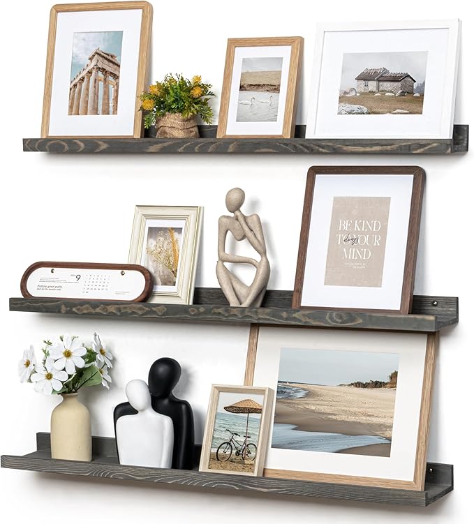Picture Ledge Wall Shelves - 36 Inch Width Set of 3, Solid Pine Wood Rustic Floating Ledge Shelves for Kids' Room, Bedroom, Kitchen, Bathroom, Living Room, Nursery Display Wall Decor, Grey-Ruum Studio Home