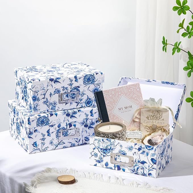 Briful Decorative Photo Storage Boxes with Lids, Set of 4 – Blue and White Porcelain Pattern, Nested Card Storage Box Organizer, Decorative Paperboard Box for Closet, Office, Gifts-Ruum Studio Home