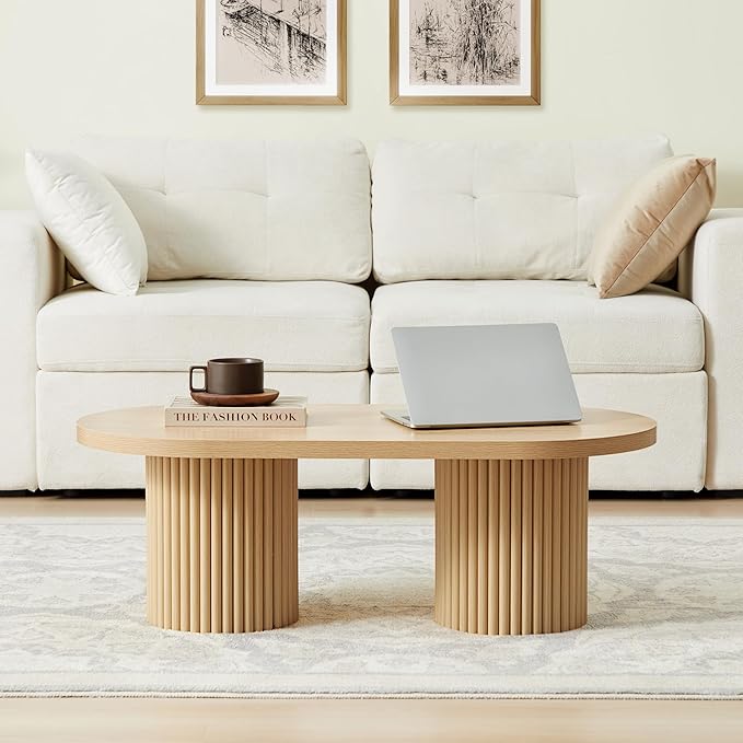 Oval Fluted Coffee Table, Farmhouse Wood Coffee Table Mid Century Modern Center Table Boho Living Room Tables for Living Room Office (Natural, 19.69" D x 39.38" W x 13.78" H)-Ruum Studio Home