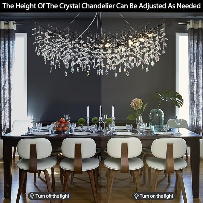 Modern Black Rectangle Crystal Tree Branch Chandelier, 55" 16-Light K9 Crystal Chandeliers for Dining Room, Rectangular Dining Room Chandelier Over Table,for High Ceiling,Kitchen-Ruum Studio Home