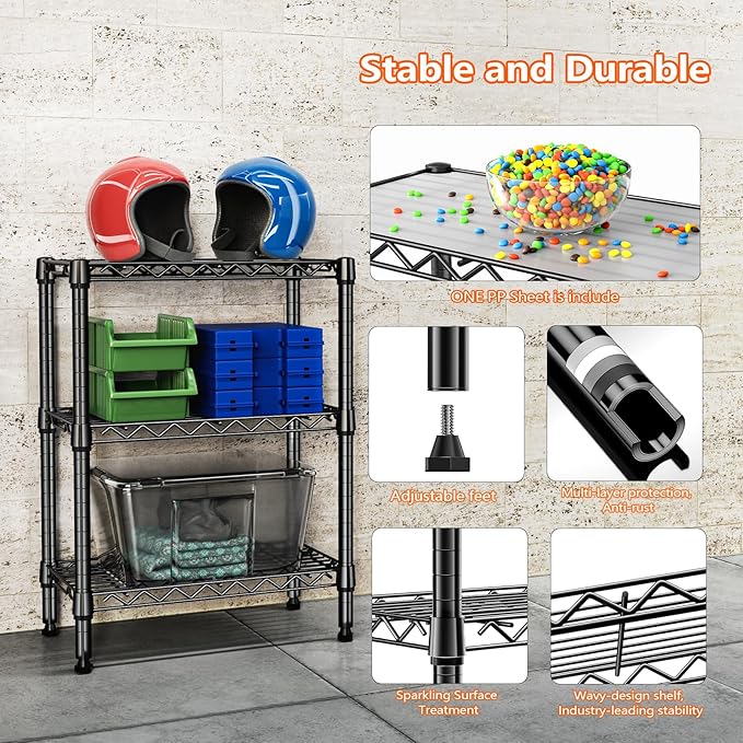 750 lbs 3 Tier Shelf Metal Storage Shelves Wire Rack Closet Organizers with PP Board for Garage Kitchen Bathroom Laundry Black 11.8" D x 21.7" W x 28.6" H-Ruum Studio Home