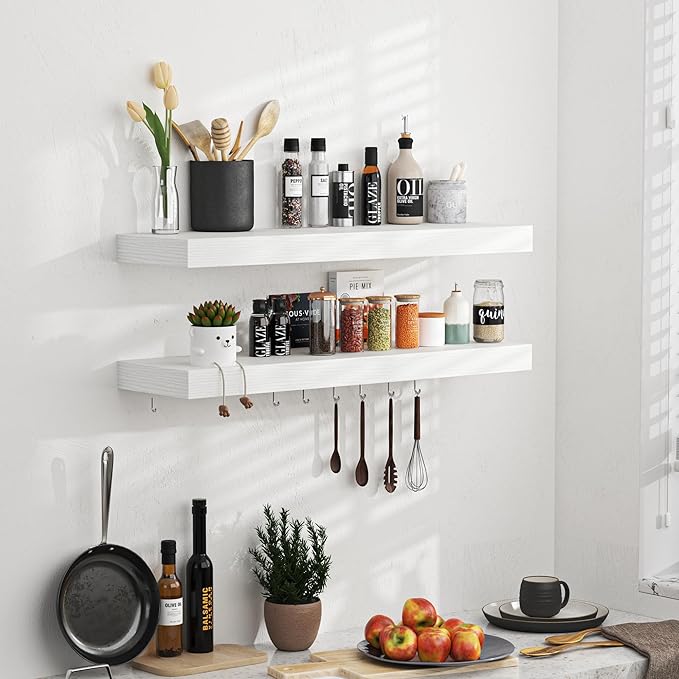 Floating Shelves - 24 Inch Rustic Wooden Wall Shelves - Extra Deeper & Thicker Wall Mounted Storage Shelf for Living Room, Kitchen, Farmhouse - 24" W x 9" D x 1.6" H - Rustic White, 2 Pack-Ruum Studio Home