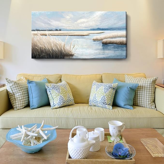 amatop Large Coastal Wall Art Abstract Landscape Beach Ocean Marsh Canvas Print Calming Soft Blue and Beige Wetland Picture Minimalist Neutral Nature Artwork for Bedroom Living Room Office 48x24-Ruum Studio Home