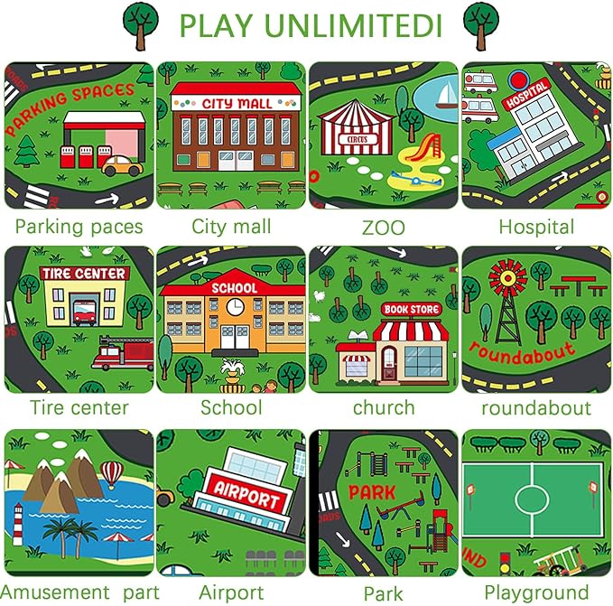 Kids Carpet Playmat Rug 4 x 6 ft Player Car Rug, City Life Traffic Road Map Mat Educational Game Area Mat for Toddler Children Playroom Classroom Bedroom(Green)-Ruum Studio Home
