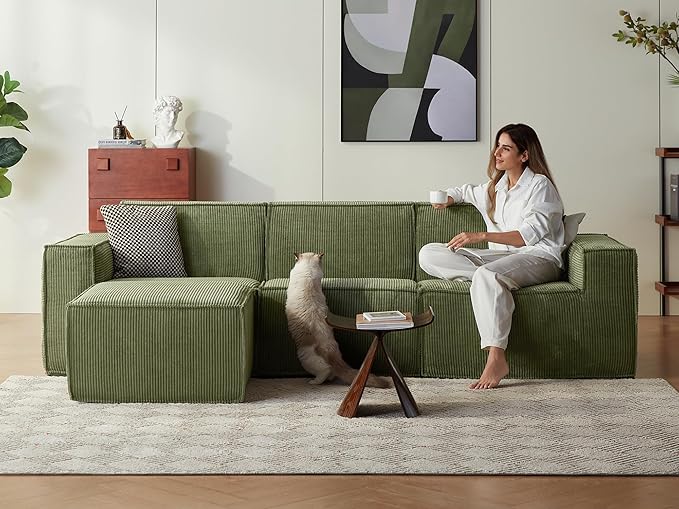 LINSY HOME Modular Sectional Sofa, 105" Boneless Couch L Shaped 3-Seat Sofa with Ottoman, Corduroy Sectional Cloud Couches for Living Room, No Assembly Required, Green-Ruum Studio Home