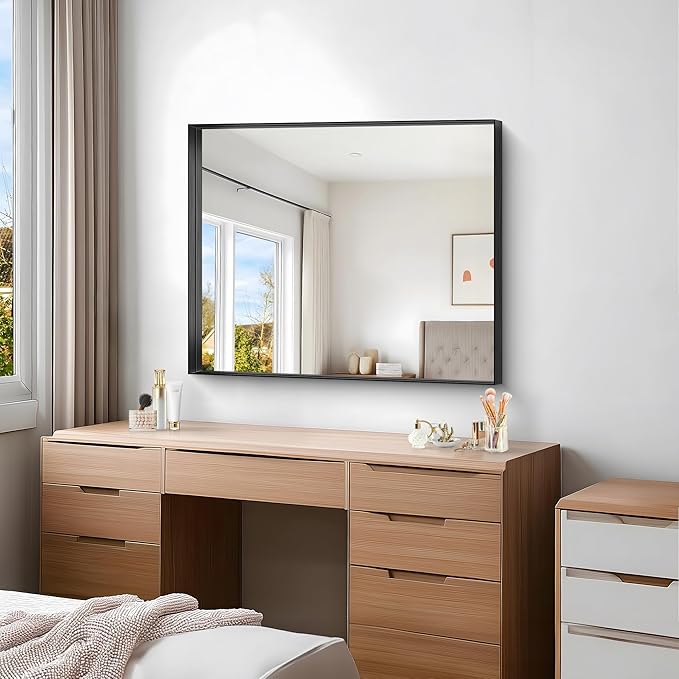 Black Bathroom Mirror, 30x36 Inch Rectangular Framed Mirror, Large Wall Mounted Bathroom Vanity Mirror Over Sink for Bedroom,Restroom, Living Room, Hangs Vertically or Horizontally-Ruum Studio Home