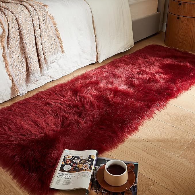 AMTOVO Faux Fur Rug, Burgundy Ultra Soft Fluffy Shag Sheepskin Rug, 2 x 6 ft Runner Area Rugs for Bedroom Sofa Throw Cushion Room Decor, Rectangle-Ruum Studio Home