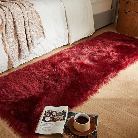 AMTOVO Faux Fur Rug, Burgundy Ultra Soft Fluffy Shag Sheepskin Rug, 2 x 6 ft Runner Area Rugs for Bedroom Sofa Throw Cushion Room Decor, Rectangle-Ruum Studio Home