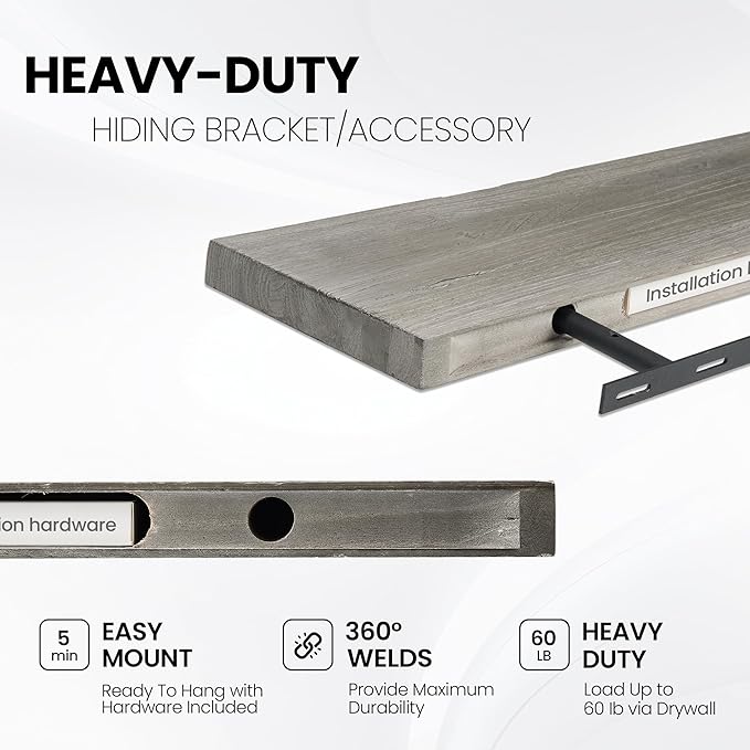 Floating Shelves for Wall, 55"x9.3" Rustic Solid Live-Edge Elm Wood Wall Shelves, Heavy-Duty Floating Shelves with Invisible Brackets, Set of 2 for Living Room, Bedroom, and Kitchen, Grey Finish-Ruum Studio Home