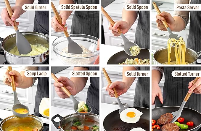 Zulay Kitchen Utensils Set Non-Stick Silicone Cooking Utensils Set with Authentic Acacia Wood Handles - 8 Piece Set - Silicone Kitchen Utensils Set with 464°F Heat Resistance - Gray-Ruum Studio Home