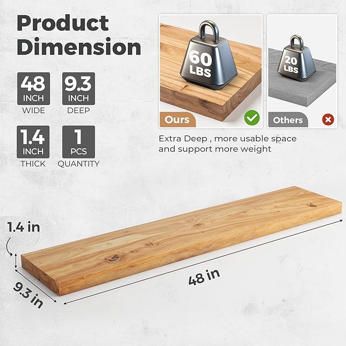 RICHFOCUS Elm Floating Shelves for Wall - 48" W x 9.3" D Rustic Solid Wood Shelves with Invisible Bracket, Wall-Mounted for Living Room, Bedroom, Kitchen Storage & Display, Set of 1, Natural-Ruum Studio Home