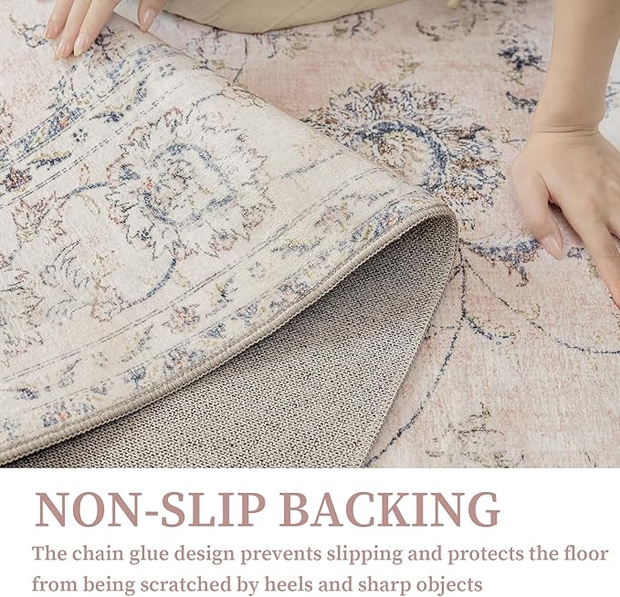 2'x3' Vintage Floral Rug - Persian Inspired Low-Pile Faux Wool Area Rug, Non-Slip Washable Small Rug for Bedroom, Nursery, Dorm, Soft Pink Boho Chic Decor-Ruum Studio Home