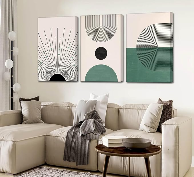 3 Pcs Sage Green Boho Canvas Wall Art Modern Abstract Minimalist Neutral Bohemian Sun Geometric Line Painting Picture Wall Decor Poster Print Artwork for Living Room Bedroom Home Decoration-Ruum Studio Home