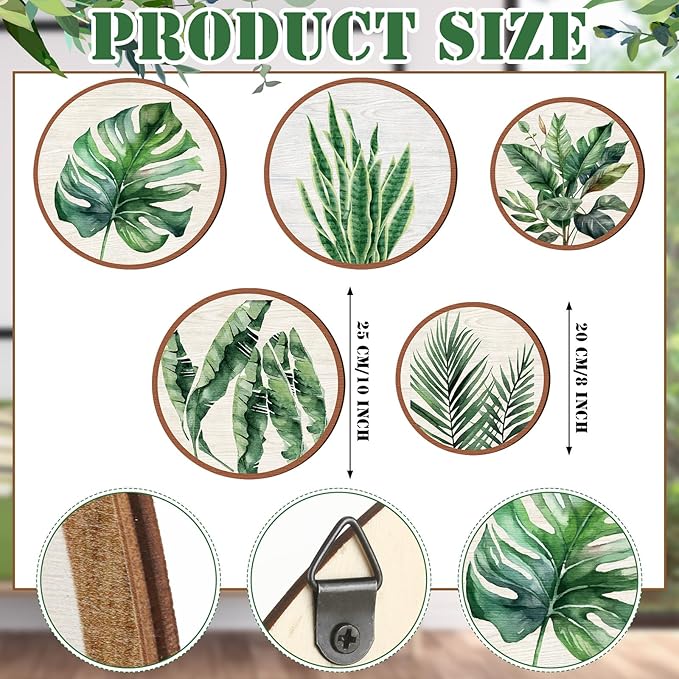 Qunclay 5 Pcs Wall Art Decor Wooden Living Room Wall Decor Bohemian Hanging Farmhouse Geometric 10'' and 8'' Aesthetic Wood Minimalist Posters for Bedroom(Leaves)-Ruum Studio Home