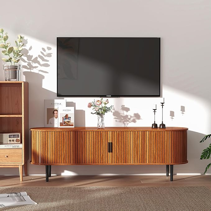 Bonzy Home 70" Mid Century Modern TV Stand, Tambour Entertainment Center with Storage, Long Media Console Television Stand with Metal Legs for up to 75'' TV, Walnut-Ruum Studio Home
