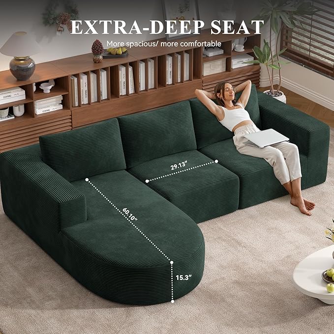 Modular Sectional Sofa with L-Shape Chaise,Cloud Sectional Modern Sleeper Couch with Deep Seat,Sponge Compression Sofas No Assembly Required (Green-Corduroy Fabric) 1PCS-Ruum Studio Home