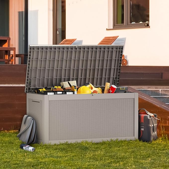 Large Deck Box 260 Gallon, Resin Patio Storage Box with Lockable Lid for Patio Furniture, Garden Tools, Pool Accessories, Weatherproof Outdoor Storage Bin, Brown-Ruum Studio Home