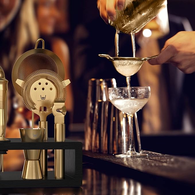 Highball & Chaser Bartender Kit with Espresso Bamboo Stand. Beautiful Cobbler Cocktail Shaker Set with Bar Tools Rustproof Stainless Steel Bar Set (Matte Gold)-Ruum Studio Home