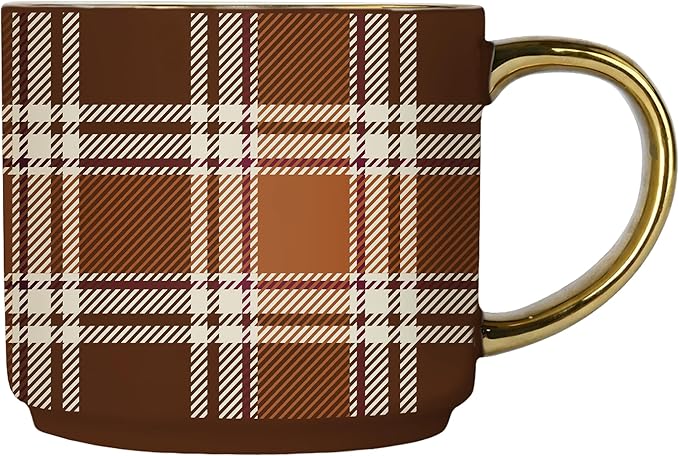 Sweet Water Decor Brown Plaid Mug with Gold Handle, 14oz Fine Bone China Coffee Cup for Tea, Latte, or Hot Cider, Cozy Fall Drinkware, Housewarming & Hostess Gift for Autumn and Thanksgiving-Ruum Studio Home