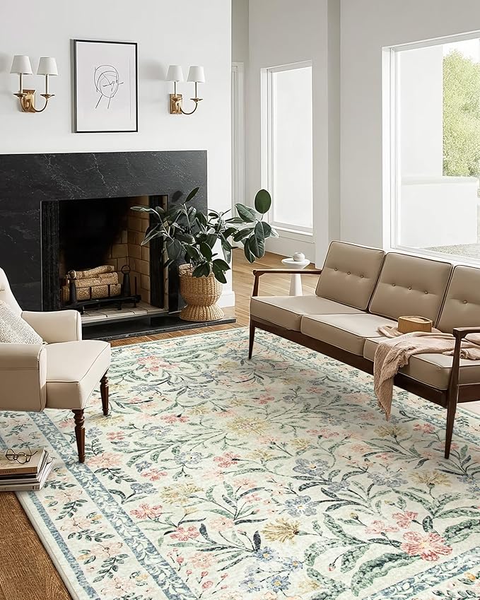 Wonnitar Washable Area Rugs 5x7, Soft Floral Bedroom Area Rug, Washable Carpet 5x7 Non Slip, Boho Flower Print Beige Carpets for Living Room Bedside Dining Room-Ruum Studio Home