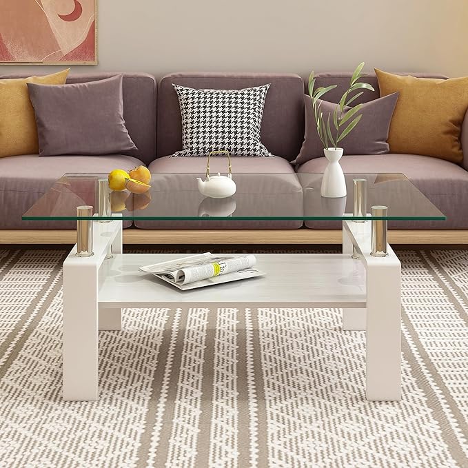 Glass Coffee Table Rectangle Living Room Center Table, with Transparent Tempered Glass Tabletop and White MDF Layer,for Living Room and Office, Transparent +White-Ruum Studio Home