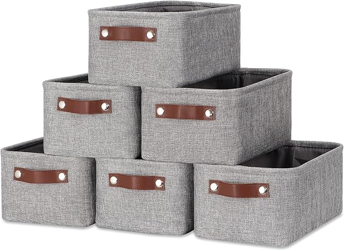 DULLEMELO Small Storage Baskets 11.8"x7.9"x5.1", Fabric Storage Bins for Shelves,Closets,Nursery,Home,Office [3 Pack], Collapsible Storage Baskets with Leather Handles (Gray)-Ruum Studio Home