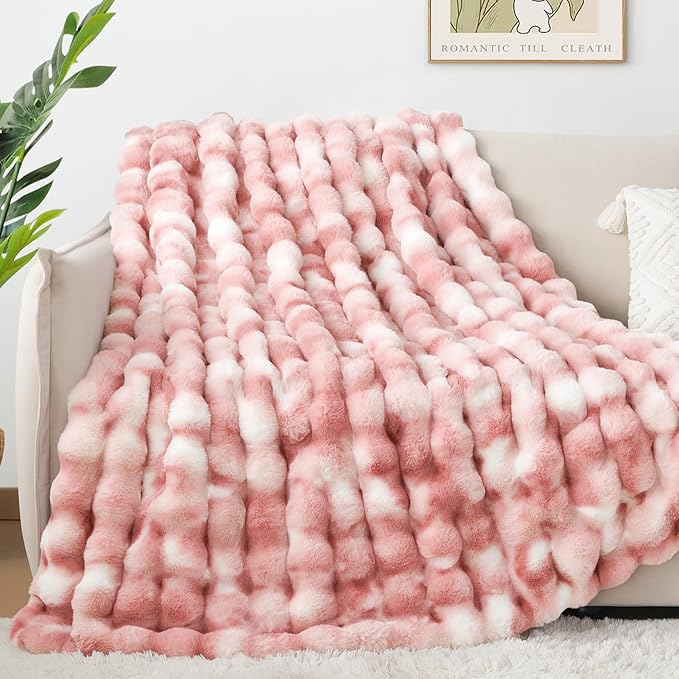 Luxury 1000GSM Faux Rabbit Fur Throw Blanket for Woman, Super Heavy Warm Cozy Blankets for Her for Couch Bed Sofa, Bubble Plush Fuzzy Elegant Soft Reversible Mink Blanket for Living Room Bedroom, Pink-Ruum Studio Home