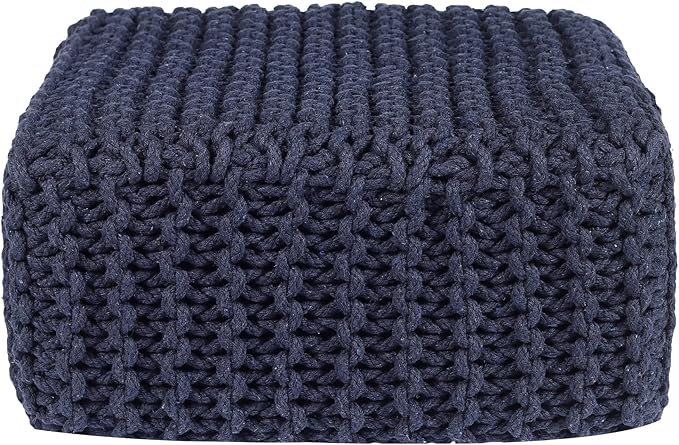 REDEARTH · Cube Low Pouf Foot Stool Ottoman - Hand Knitted Poof - Cord Boho Pouffe - Home Décor - Stuffed Footrest for Living Room - Nursery - Bedroom - Patio (16" x 16" x 8") - Navy Blue-Ruum Studio Home
