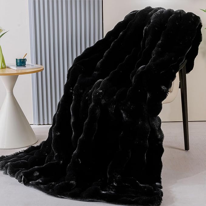 Faux Fur Black Thick Soft Throw Blanket 60X80 for Bed Couch Gift Office Chair Bunny Faux Rabbit Fur Blanket Decorative Warm Throw Blanket 860 GSM-Ruum Studio Home