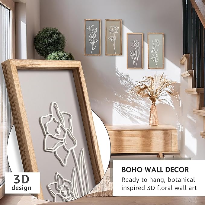 3D Wooden Floral Bathroom Wall Decor (Set of 4) Lightweight, Ready-to-Hang Framed Wall Art For Living Room, Bedroom, or Office - Premium Boho Botanical Farmhouse Decorations - Gift-Boxed-Ruum Studio Home