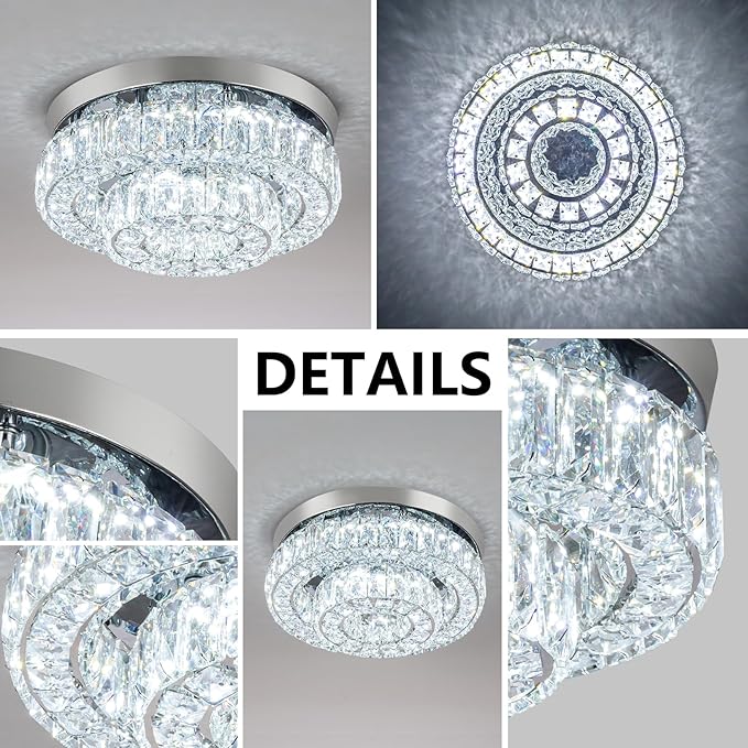 12 Inch Crystal Chandelier LED Ceiling Light 2 Tier Flush Mount Ceiling Light Fixtures Modern Chandelier Lighting for Hallway Bedroom Dining Room Kitchen (Cool White)-Ruum Studio Home