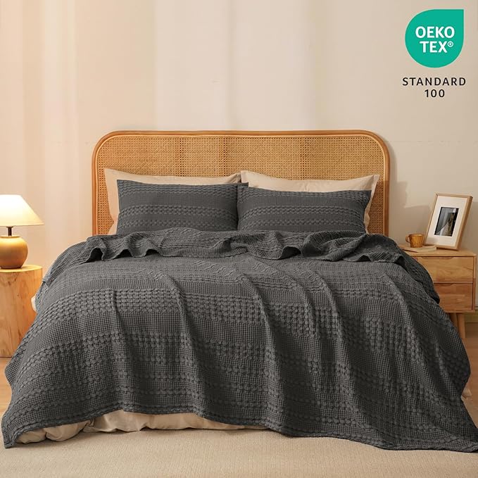 PHF 100% Cotton Waffle Weave Blanket King Size, Soft Lightweight Breathable Cozy Summer Blankets for Bed, Luxury Aesthetic Woven Bedding for Home Decor, 108"x90", Charcoal Grey-Ruum Studio Home