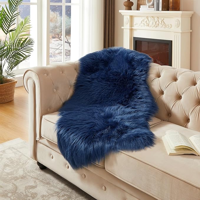 AMTOVO Faux Fur Rug, Dark Blue Area Rug, Fluffy Sheepskin Rug, Fuzzy Ultra Soft 2 x 4 ft Shag Rugs for Bedroom Sofa Throw Cushion Room Decor, Sheepskin-Ruum Studio Home