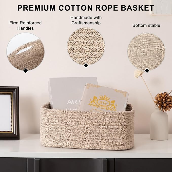 4 Pack Small Storage Shelf Baskets for Organizing, Mini Woven Rope Storage Bins for Towels, Cute Decorative Closet Organizer，Baby Nursery, Gift Empty Baskets -13.78''Lx9.84''Wx5.51''H-Brown-Ruum Studio Home
