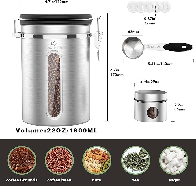 Coffee canister for ground coffee with Transparent Window,Date Tracker,CO2 Valve 304 Stainless Steel Kitchen Food Airtight storage container for Coffee Beans or Grounds, Tea, Sugar(Silver 22OZ)-Ruum Studio Home