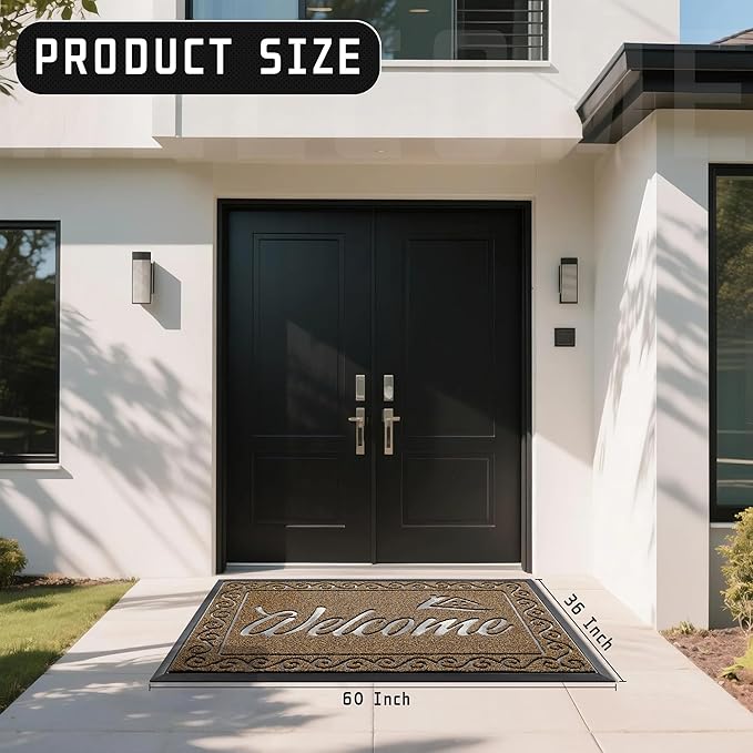 Yimobra Welcome Mat, Heavy Duty Sturdy Door Mats for Home Entrance Outdoor Indoor, Front Doormat for Outside Patio Floor Entry Porch Garage Office, Waterproof, Low Profile, 60 x 36, Beige Brown-Ruum Studio Home