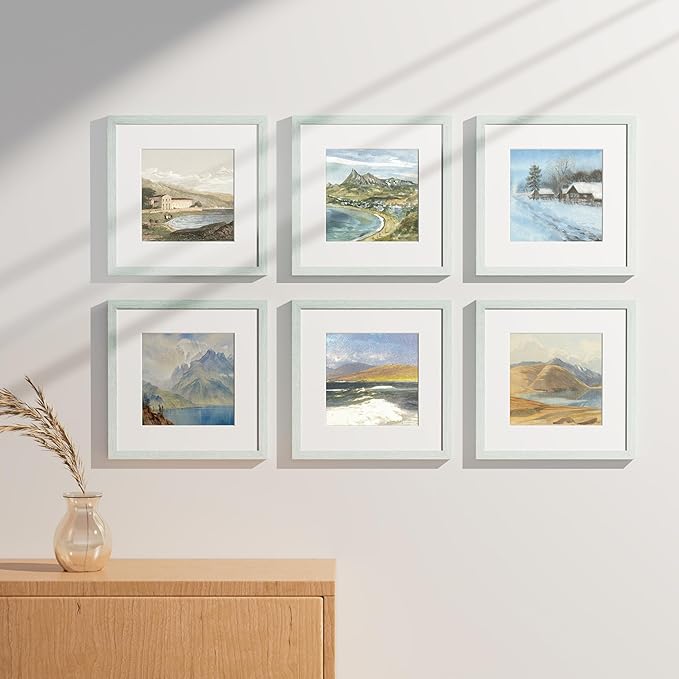 Vittanly 12x12 Picture Frames Set of 9, Shatter Resistant Plexiglass, Display 8x8 Pictures with Mat or 12x12 without Mat, Photo Frames for Wall Mount, Engineered Wood, Vintage Green-Ruum Studio Home