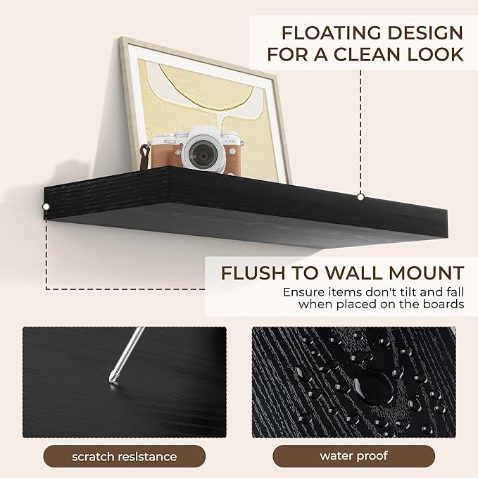 RICHFOCUS 24Inch Floating Shelves for Wall 2 Pack Shelves for Bedroom|Kitchen|Bathroom Wall Mounted Rustic Wood Floating Shelf with Invisible Brackets for Books|Storage|Decor, Black-Ruum Studio Home
