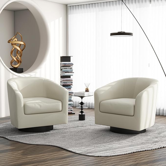 Swivel Barrel Accent Chair, Modern Round Linen Arm Chair for Living Room, Bedroom, Comfy Club Reading Chairs for Adults（Linen Fabric, Beige, Set of 2-Ruum Studio Home