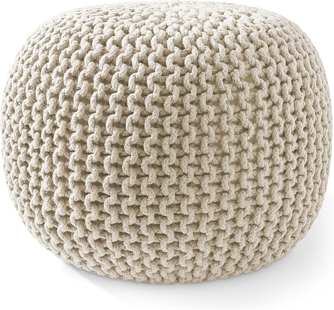 Casafield Round Pouf Ottoman, Natural - 20" Diameter x 14.5" High Cotton Knit Foot Stool - Boho Floor Pouffe for Living Room, Bedroom, Home Office-Ruum Studio Home