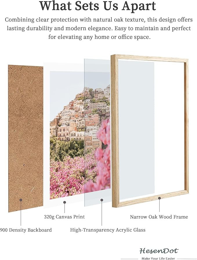 HesenDot Natural OAK Wood Amalfi Coast Framed Wall Art,12x16in Italy Beach Canvas Wall Print, Pink Flowers House Boho Wall Decor for Living Room,Bedroom,Office Gallery Gifts Set of 1-Ruum Studio Home
