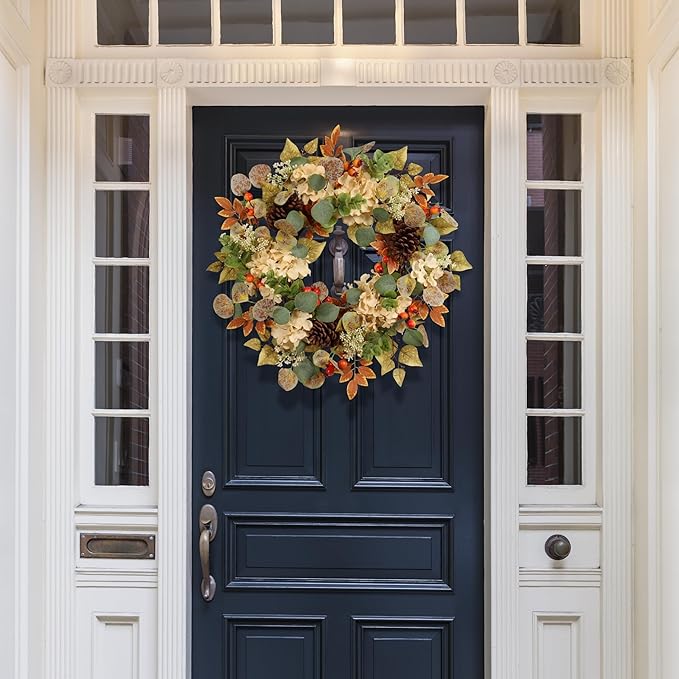22 in Fall Hydrangea Wreath with Eucalyptus, Pinecones Orange Berries Perfect Autumn Door Wreath for Thanksgiving Harvest Decor - Rustic, Lifelike Durable for Indoor Outdoor Use-Ruum Studio Home