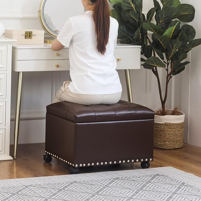 Joveco Leather Storage Ottoman with 360° Wheels 24" Rolling Foot Rest Bench Rectangle Ottomans Stool for Living Room Bedroom (Brown, Wheels)-Ruum Studio Home