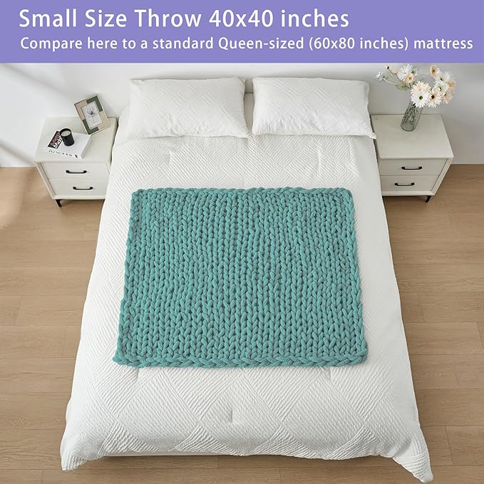 Bigacogo Chunky Knit Throw Blanket for Couch, 40x40 inches, 100% Hand Knitted with Thick Jumbo Chenille Yarn, Cozy Soft Large Rope Knot Cable Crochet Blankets for Sofa Bed Living Room, Light Teal-Ruum Studio Home