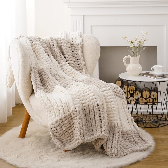 Battilo Chunky Knit Throw Blanket, Soft and Thick Chenille Throw Blanket, 50"x60" Handmade Cable Knit Crochet Blanket, Large Rope Knot Throw Blankets for Couch Sofa Bed Home Decor, Beige & White-Ruum Studio Home